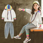 Rainbow Hooded Tops and Loose Jeans Clothing Set