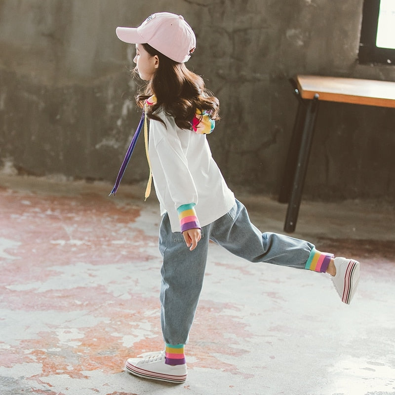 Rainbow Hooded Tops and Loose Jeans Clothing Set