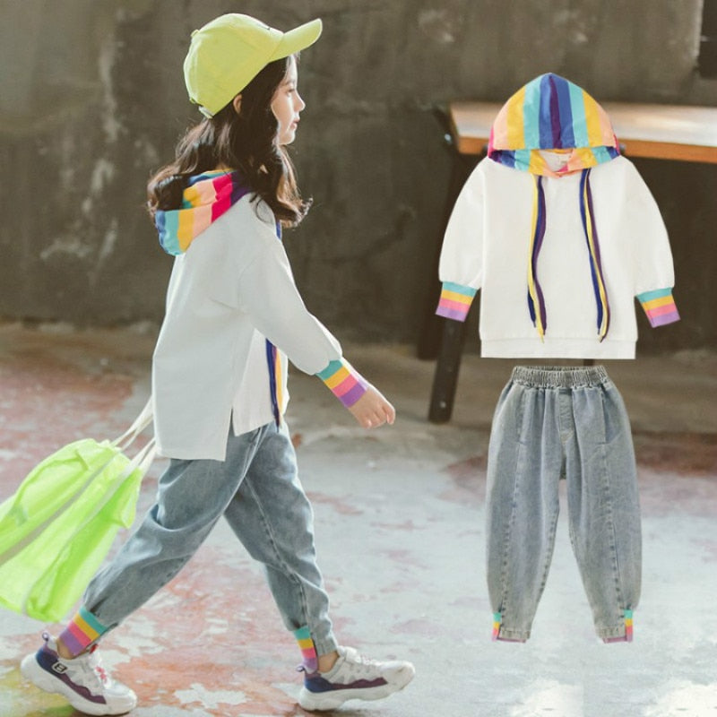 Rainbow Hooded Tops and Loose Jeans Clothing Set