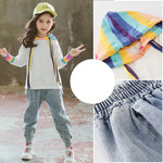 Rainbow Hooded Tops and Loose Jeans Clothing Set