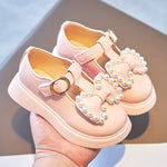 Pearls Beading Leather Shoes with Bow-knot